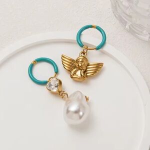 Vintage Gold Angel Earrings with Pearl and Teal Accents 18K Gold Stainless Steel